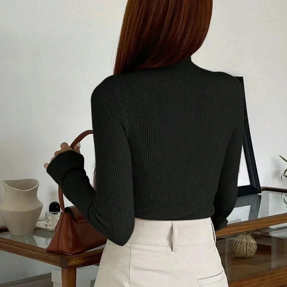 Black Casual Women's Cut Out Mock Neck Ribbed Knit Sweater - Picture 2 of 4